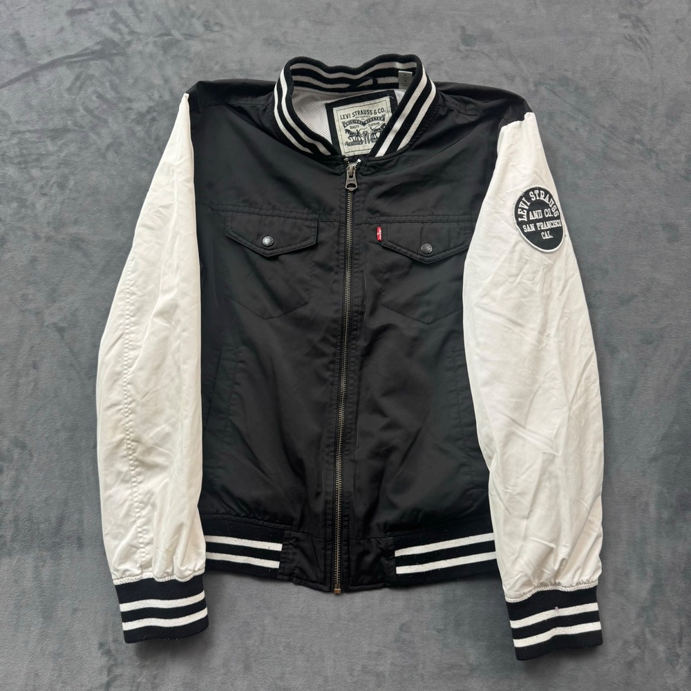 Levis Mens Varsity Bomber Jacket Black White Colorblock Patch Full Zip Medium